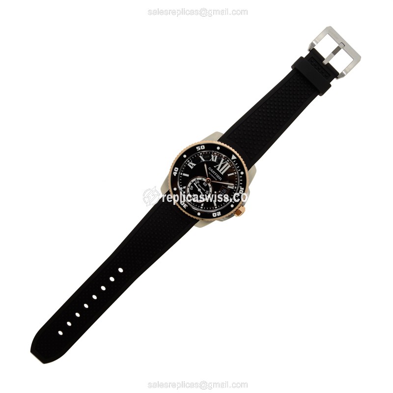 Cartier W7100055 Replica - Automatic - 18kt Rose Gold Case - Black Dial - Rubber Strap - View 2