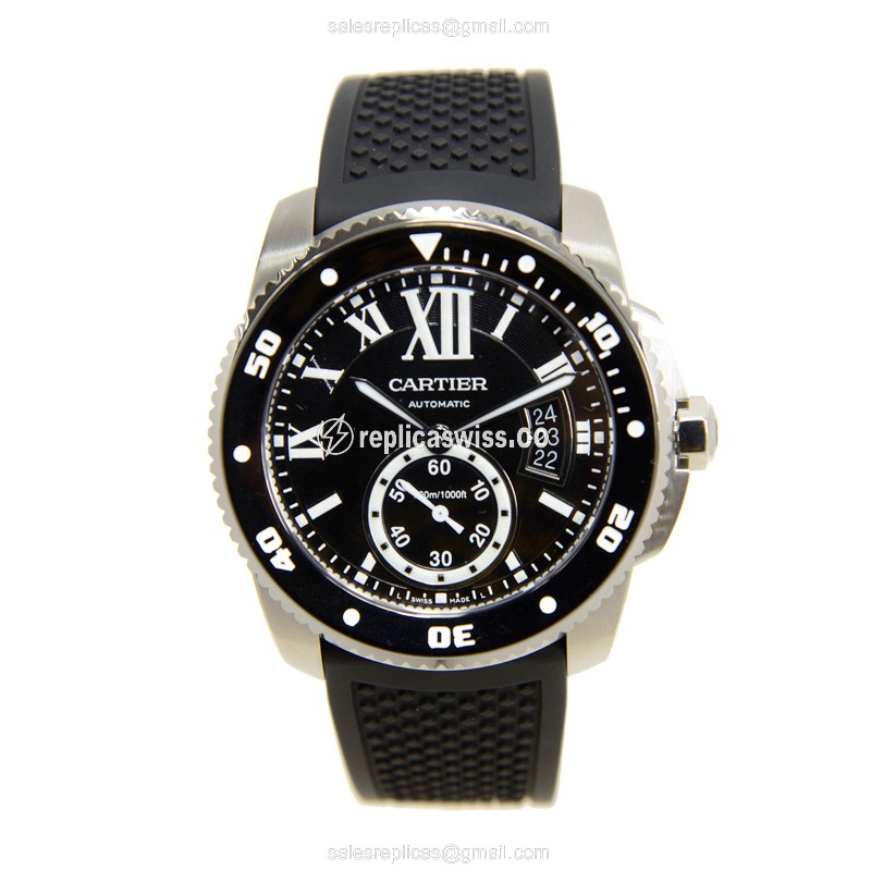 Cartier W7100056 Replica - Automatic - Steel Case - Black Dial - Rubber Strap - View 2