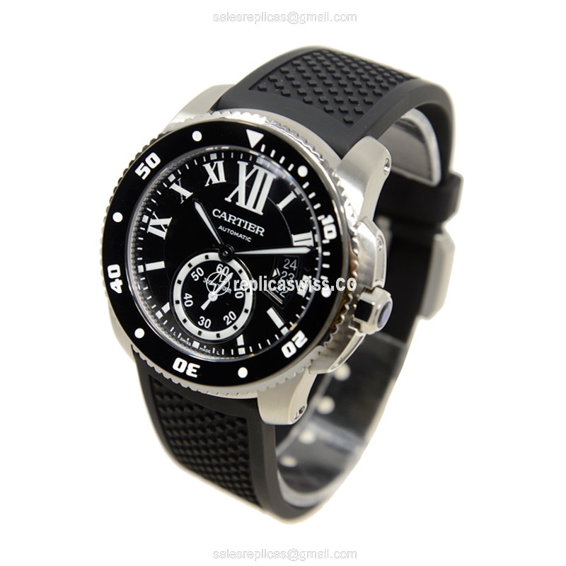 Cartier W7100056 Replica - Automatic - Steel Case - Black Dial - Rubber Strap - View 3