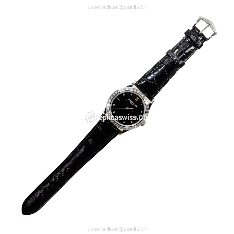 Patek Philippe Calatrava Replica - Automatic - 18kt White Gold - Diamond - Black Dial - Alligator Strap - View 2