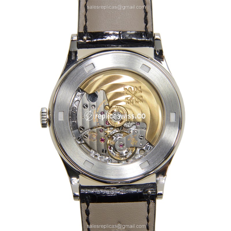 Patek Philippe Calatrava Replica - Automatic - 18kt White Gold - Diamond - Black Dial - Alligator Strap - View 3