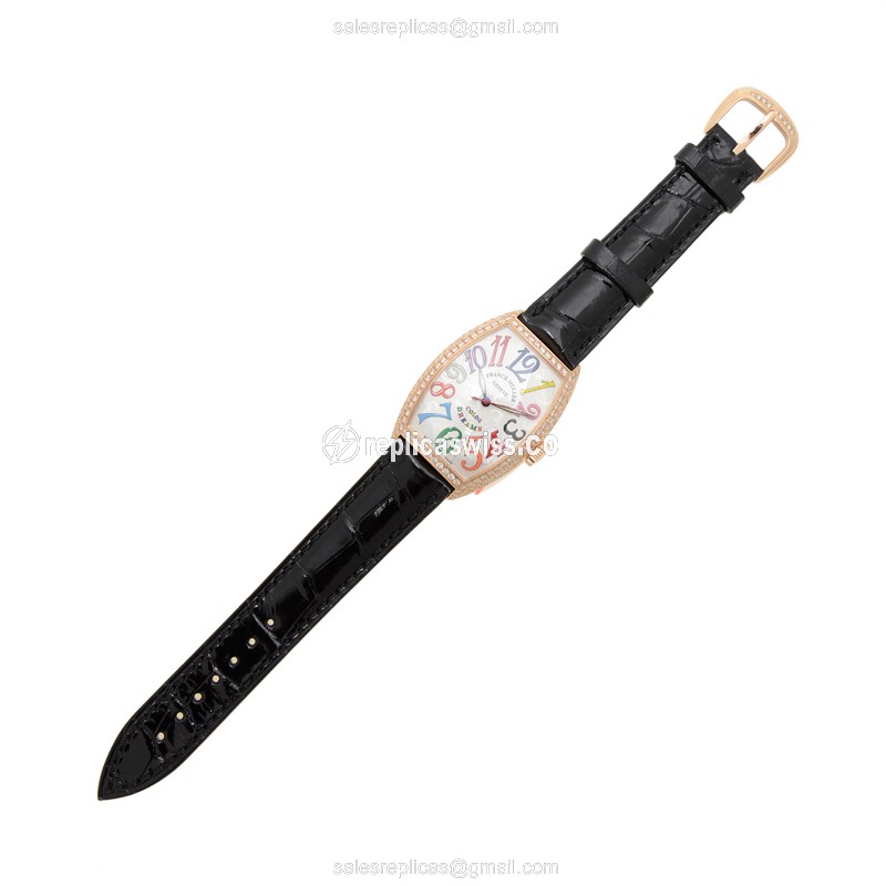 Franck Muller 5850 SC COL DRM D 5N Replica - Automatic - Rose Gold Case - Diamond Dial - Black Leather Strap - View 2