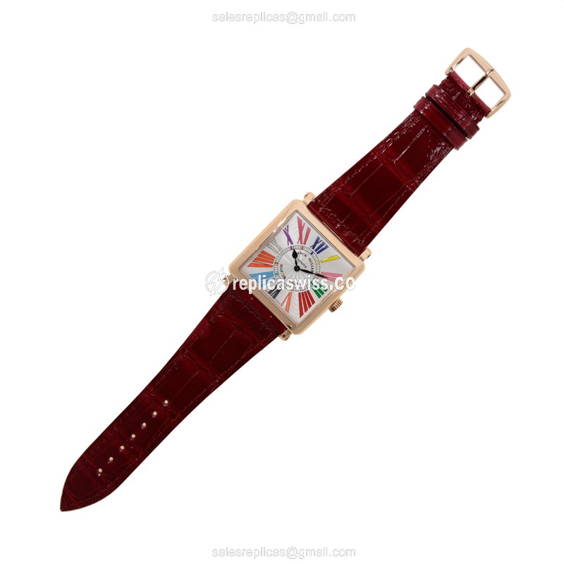 Franck Muller 6002 QZ Replica - Rose Gold - Silver Dial - Alligator Red Strap - View 2