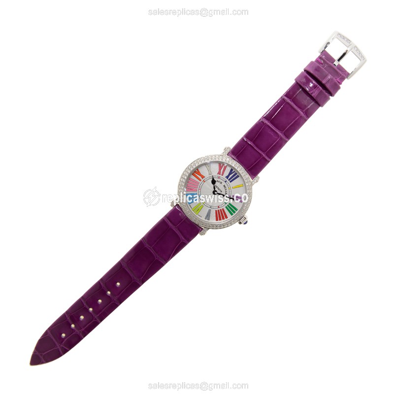 Franck Muller 8035 Replica - Quartz - 18kt White Gold - Diamond Bezel - Silver Dial - Purple Alligator Strap - View 2