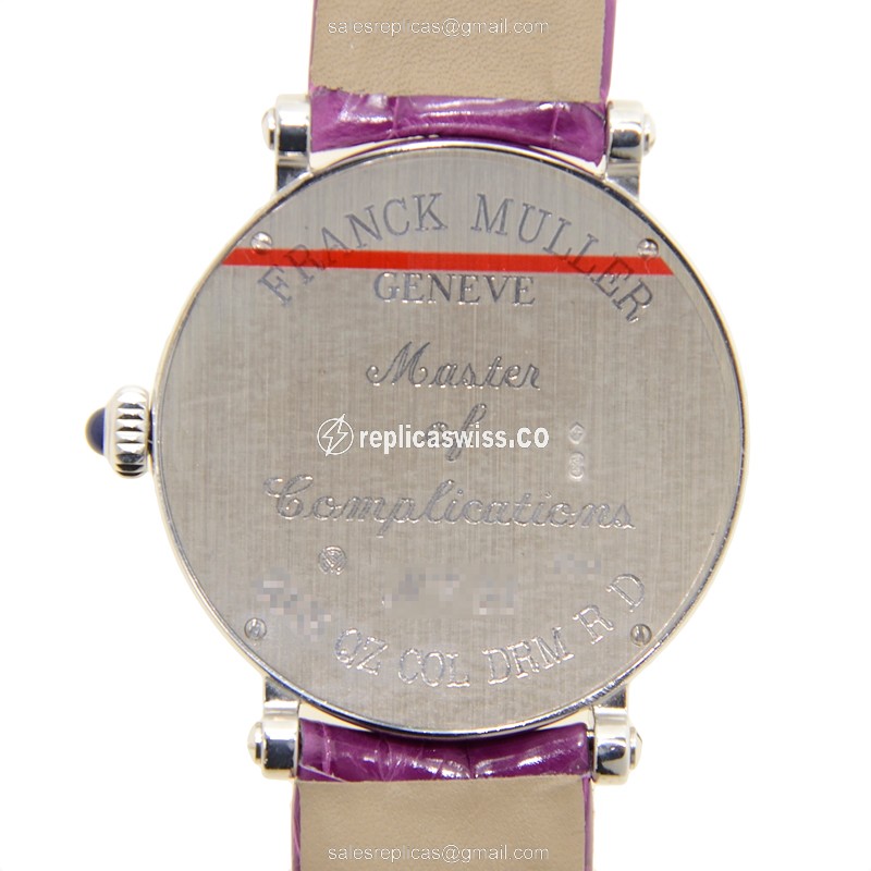 Franck Muller 8035 Replica - Quartz - 18kt White Gold - Diamond Bezel - Silver Dial - Purple Alligator Strap - View 3