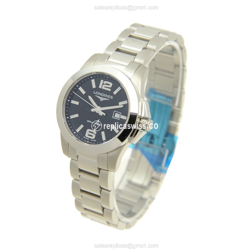 Longines CONQUEST Quartz Replica - Steel Case, Black Dial, Silver Clasp - View 2