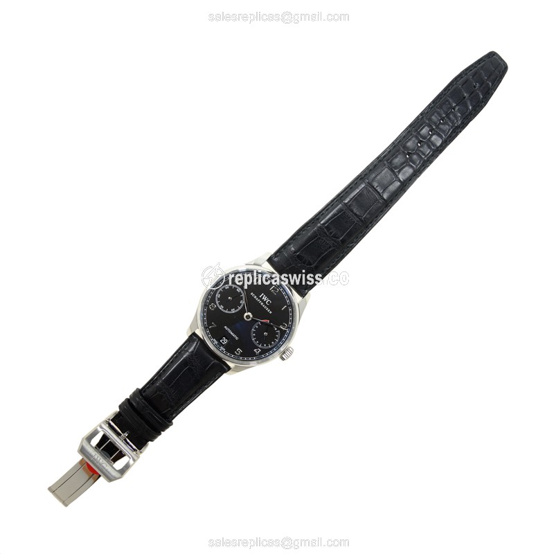 IWC Portuguese IW500109 Replica - Automatic - Steel Case - Black Dial - Alligator Black Strap - View 2