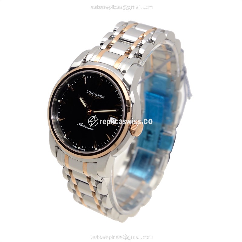 Longines L2.763.5.52.7 SAINT IMIER Replica - Automatic, 18kt Rose Gold Case & Steel, Black Dial on Silver Strap - View 3