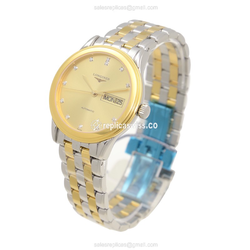 Longines Flagship Replica - Automatic 18kt Gold/Steel - Gold Dial, Silver Strap - View 3