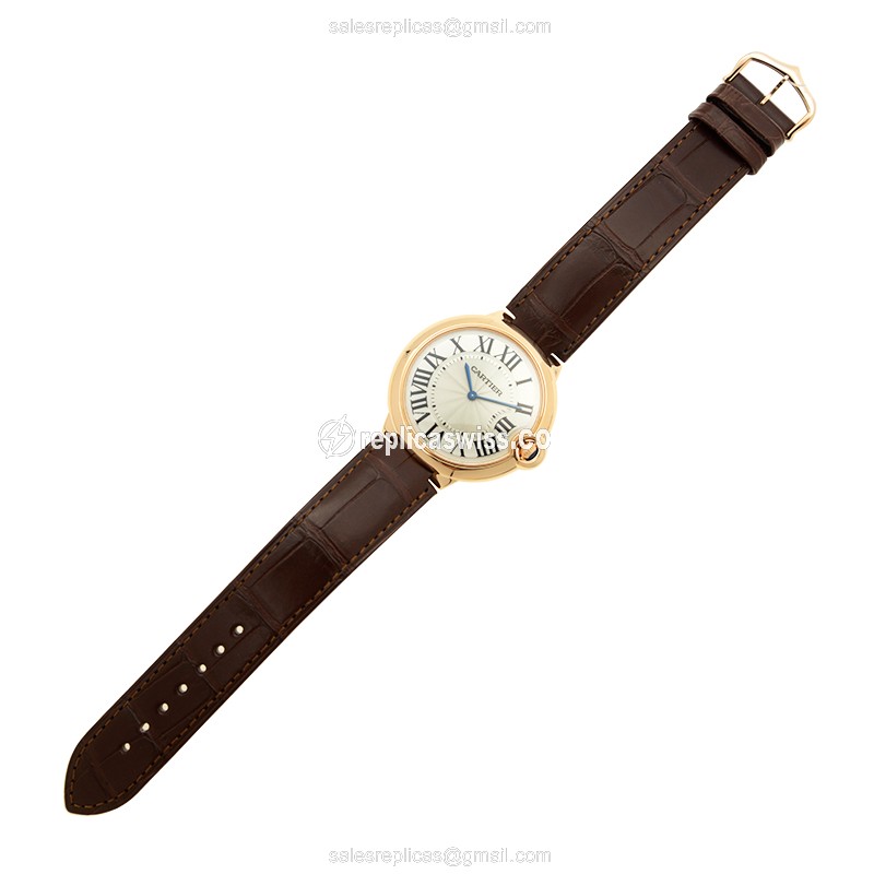 Cartier Ballon Bleu Replica - Manual Wind - 18kt Rose Gold - Silver Dial - Brown Alligator Strap - View 2