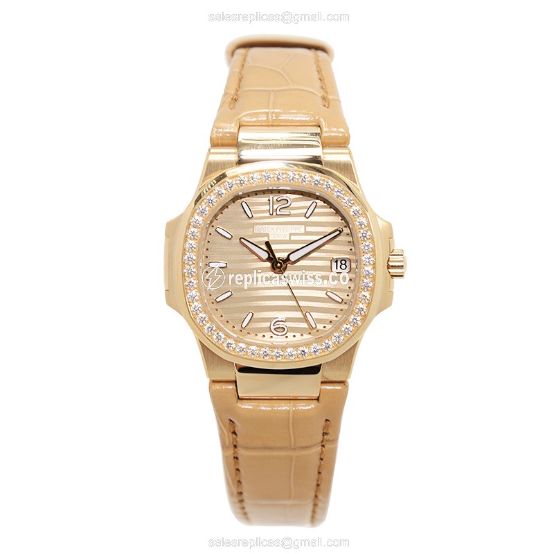 Patek Philippe 7010R-012 NAUTILUS Quartz Rose Gold Diamonds - Automatic - Gold Dial - Brown Alligator Clasp - View 2