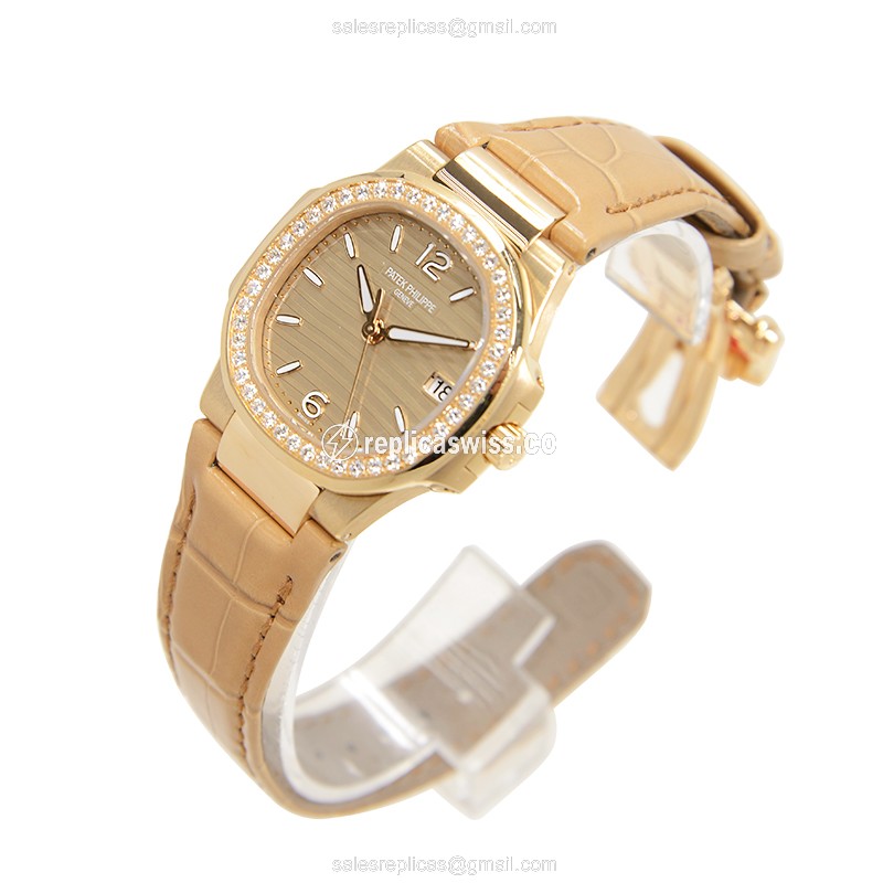Patek Philippe 7010R-012 NAUTILUS Quartz Rose Gold Diamonds - Automatic - Gold Dial - Brown Alligator Clasp - View 3
