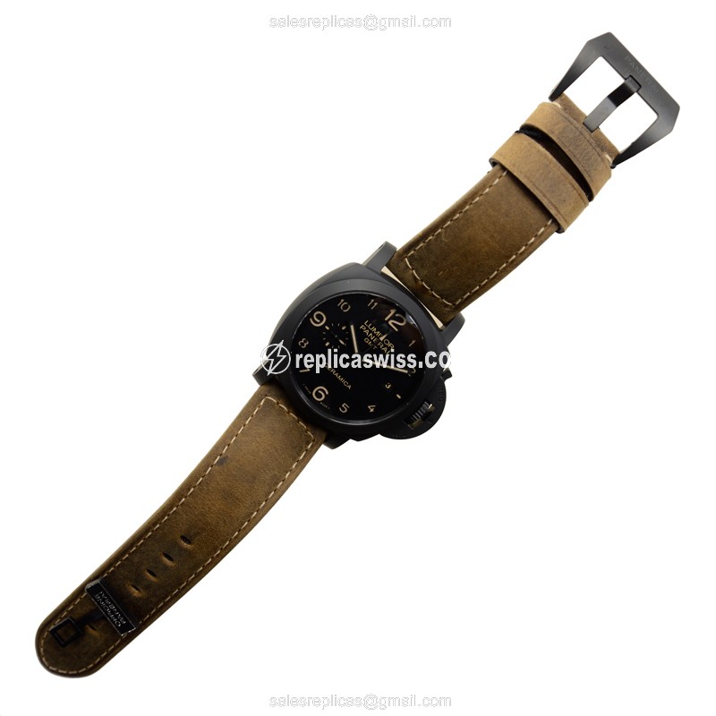 Panerai PAM00441 LUMINOR Replica - Automatic - Ceramic Case - Black Dial - Brown Cowhide Strap - View 2