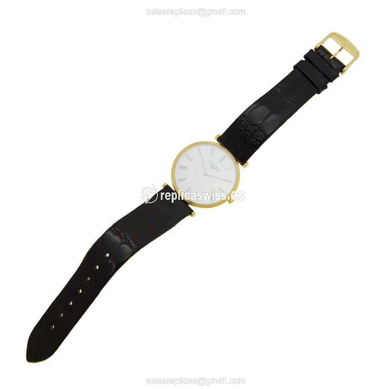 Longines L4.709.2.11.2 Replica - Quartz - PVD Gold Case - White Dial on Black Alligator Strap - View 2