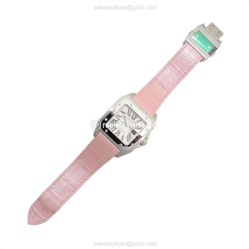 Cartier Santos Replica - Automatic - Stainless Steel - Silver Dial - Pink Alligator Strap - View 2