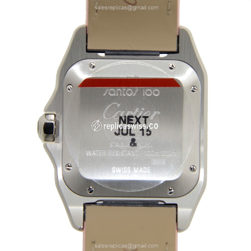 Cartier Santos Replica - Automatic - Stainless Steel - Silver Dial - Pink Alligator Strap - View 3