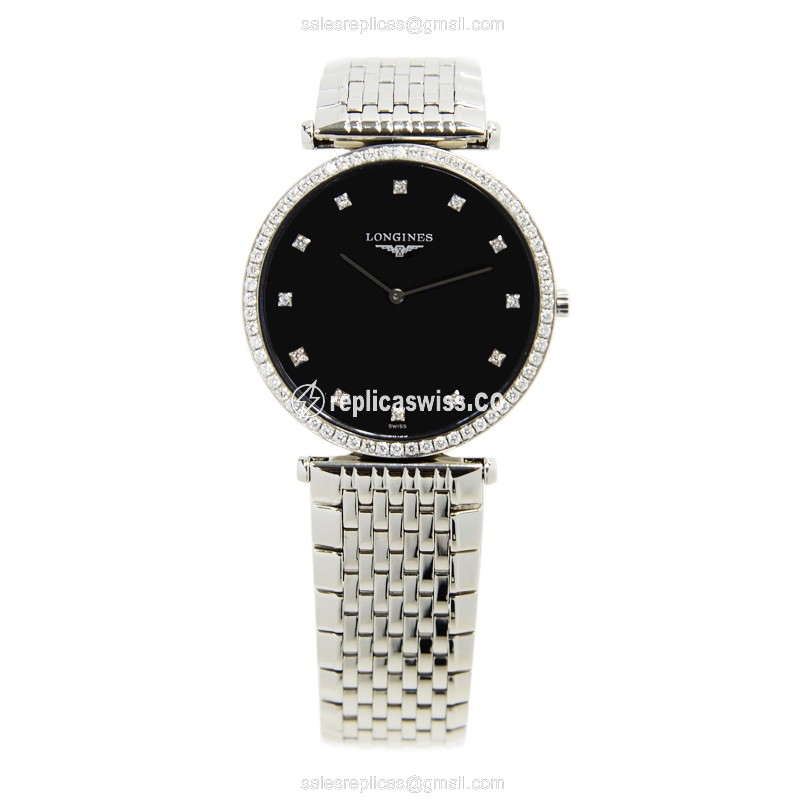Longines LA GRANDE Quartz - Diamond Dial - Stainless Steel - Black - Steel Strap - View 2