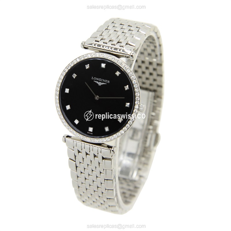Longines LA GRANDE Quartz - Diamond Dial - Stainless Steel - Black - Steel Strap - View 3