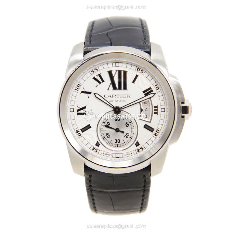 Cartier W7100037 Replica - Automatic - Steel Case - White Dial - Black Alligator Strap - View 2