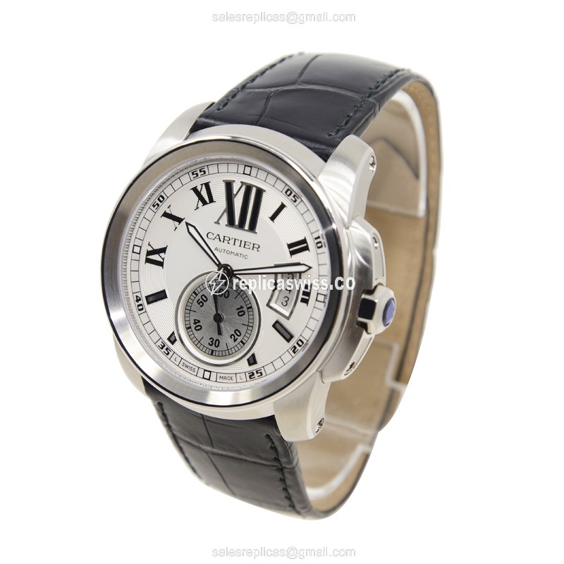 Cartier W7100037 Replica - Automatic - Steel Case - White Dial - Black Alligator Strap - View 3