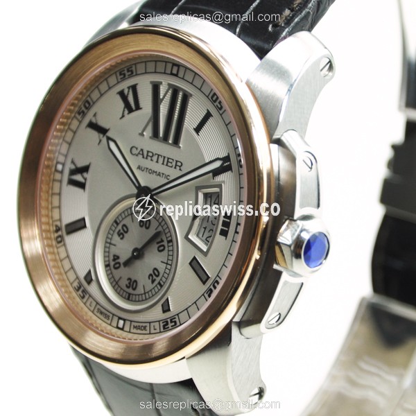 Cartier W7100039 Replica - Calibre De Cartier Auto - 18kt Rose Gold/Steel Case - White Dial - Brown Alligator Strap - View 3
