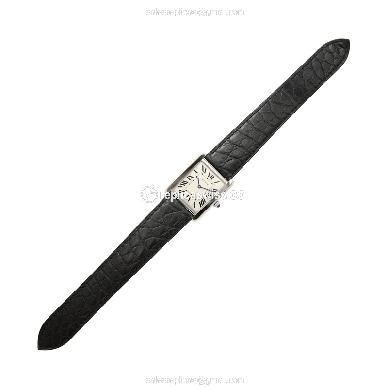 Cartier TANK Quartz White Dial - Alligator Black - Steel Clasp - View 2