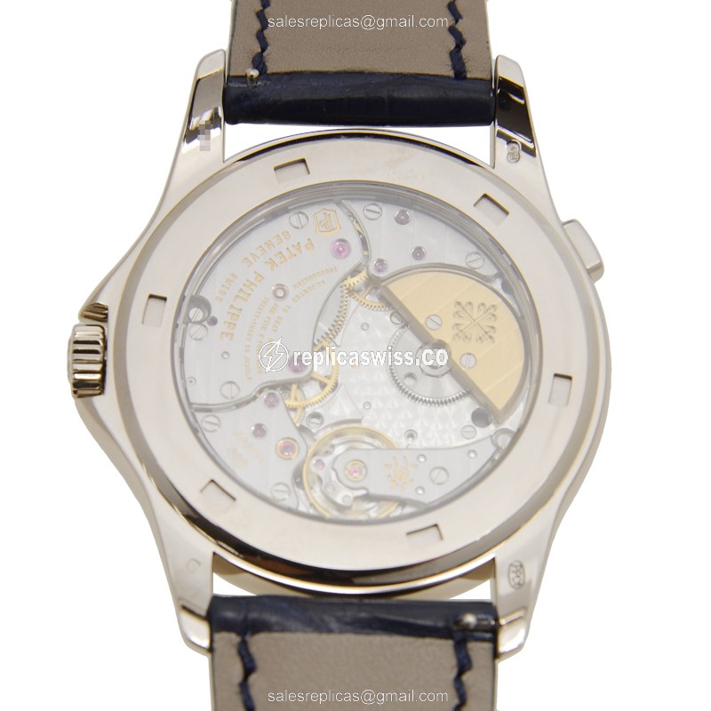 Patek Philippe 5130G-019 Complications Auto 18kt White Gold Silver Dial Blue Alligator Strap Clasp - View 3