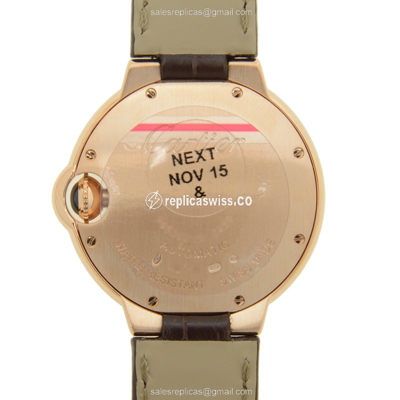Cartier Ballon Bleu Replica - Automatic - 18kt Rose Gold - Silver Dial - Brown Alligator Strap - View 3