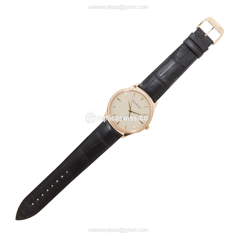 Jaeger-Lecoultre Q1282510 Replica - Ultra Thin - Automatic - 18kt Rose Gold Case - Gold Dial - Black Alligator Strap - View 2