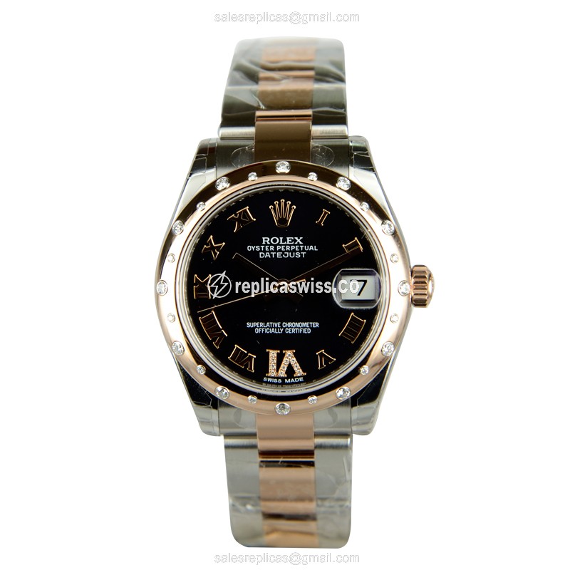 Rolex Lady Datejust Replica - Automatic - 18kt Rose Gold & Steel - Black Dial - Silver Strap - View 2