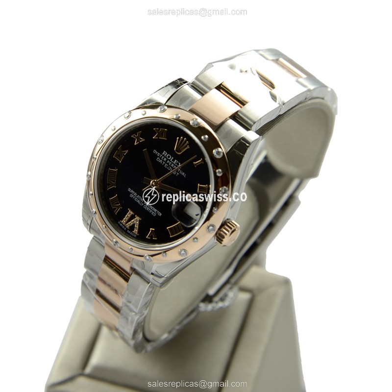 Rolex Lady Datejust Replica - Automatic - 18kt Rose Gold & Steel - Black Dial - Silver Strap - View 3