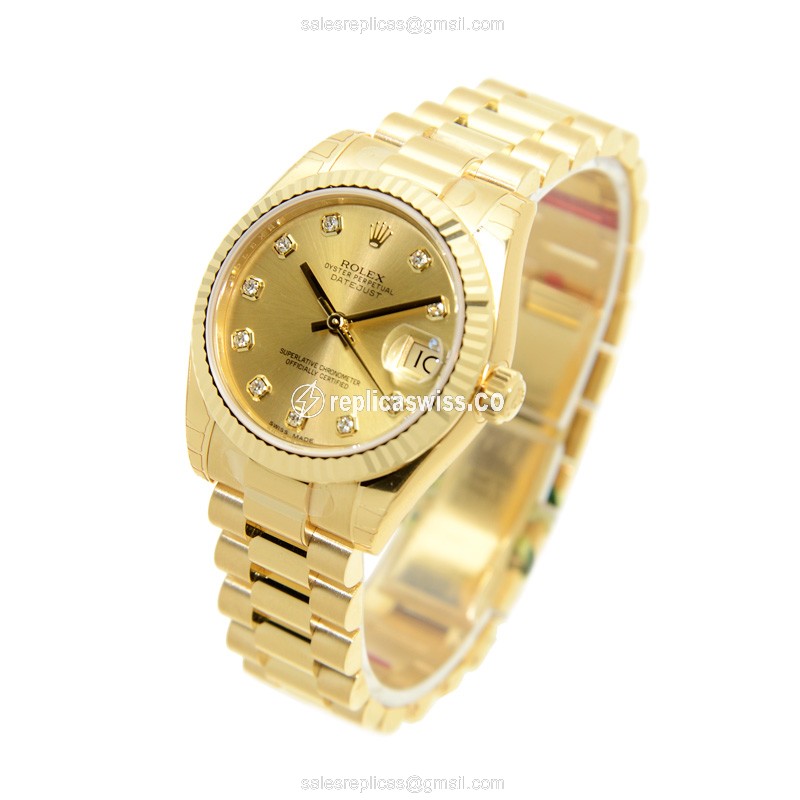 Rolex Lady Datejust Replica - Automatic - Gold Dial on Gold Strap - View 3