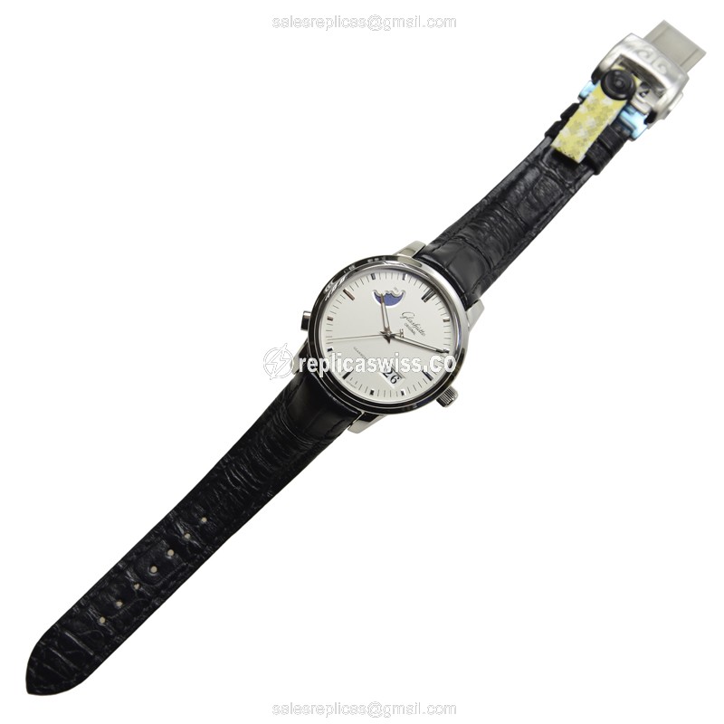 Glashutte SENATOR Replica - Auto - Stainless - White Dial - Black Alligator Strap - View 2