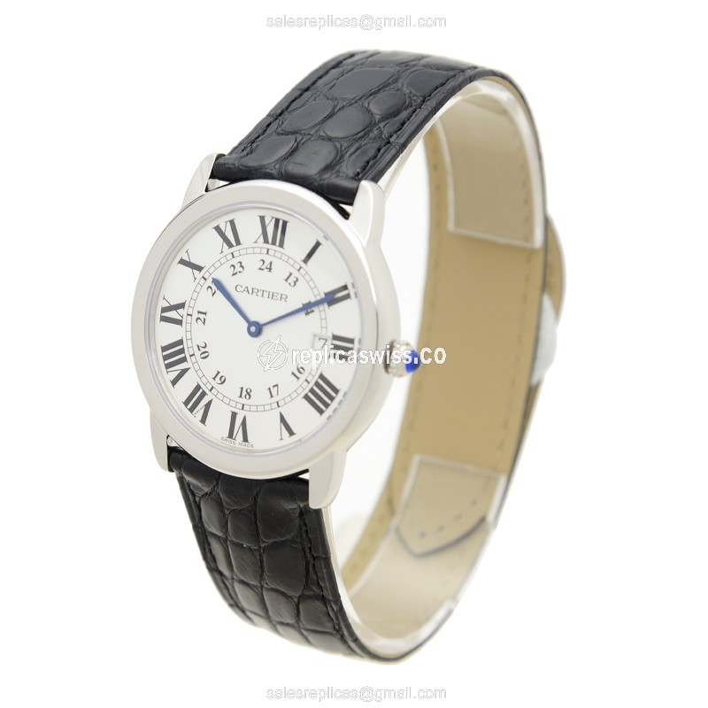 Cartier W6700255 RONDE Solo - Quartz - Stainless Steel Case - White Dial - Black Alligator Strap - View 3