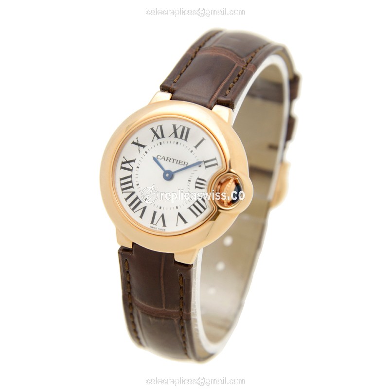 Cartier Ballon Bleu Replica - Quartz - 18kt Rose Gold - White Dial, Brown Alligator Strap - View 3
