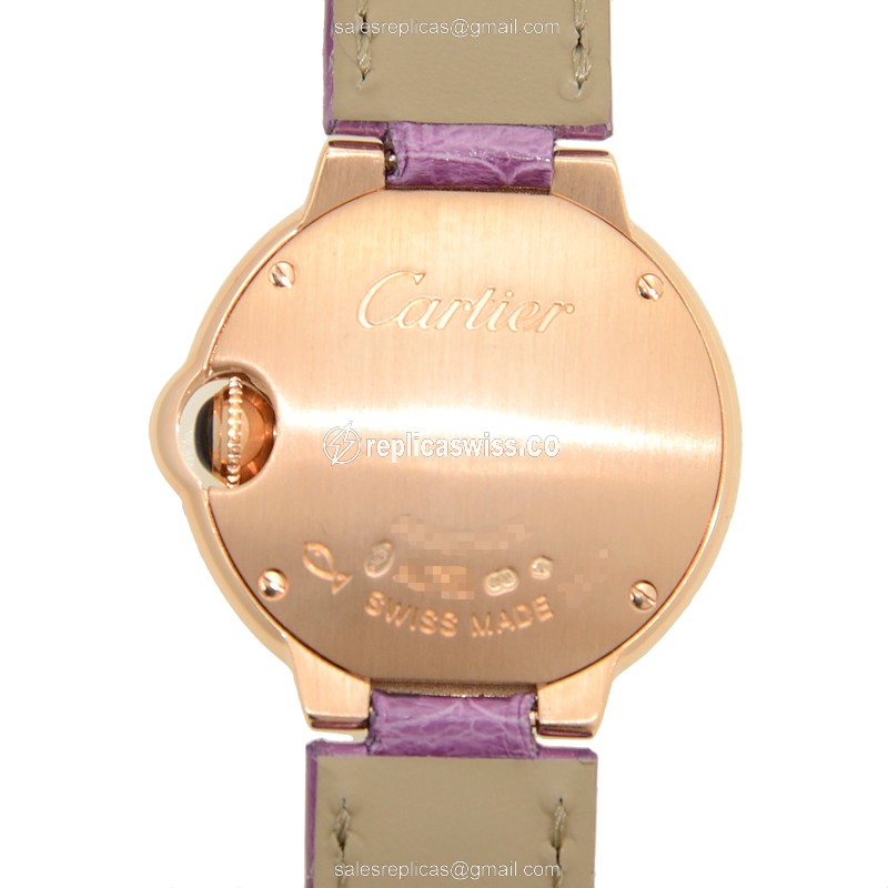 Cartier Ballon Bleu Replica - Quartz - 18kt Rose Gold Case - Silver Dial - Purple Alligator Strap - View 3