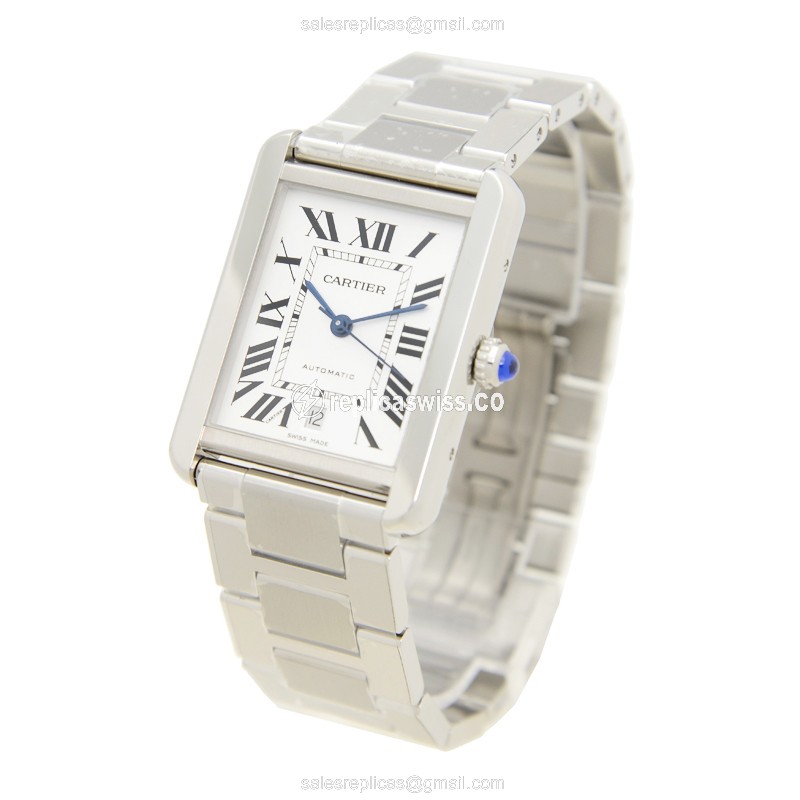 Cartier TANK W5200028 - Automatic - Steel Case - White Dial - Silver Steel Strap - View 3