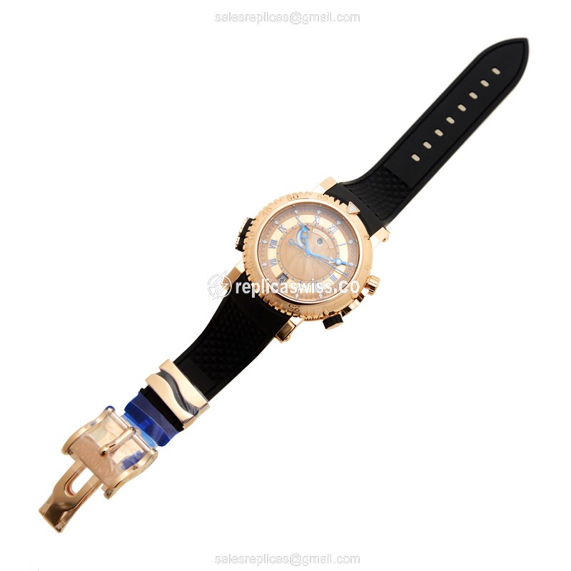 Breguet 5847BR/32/5ZV Replica - Auto 18kt Rose Gold - Gold Dial - Black Rubber Strap - View 2