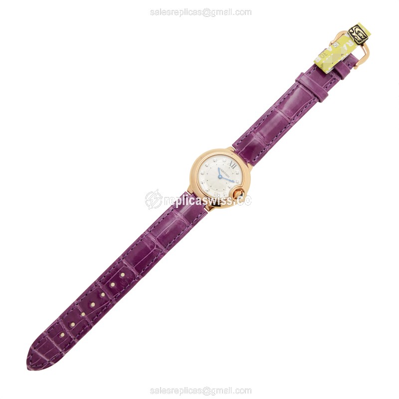 Cartier Ballon Bleu Replica - Quartz - 18kt Rose Gold Case - Silver Dial - Purple Alligator Strap - View 2