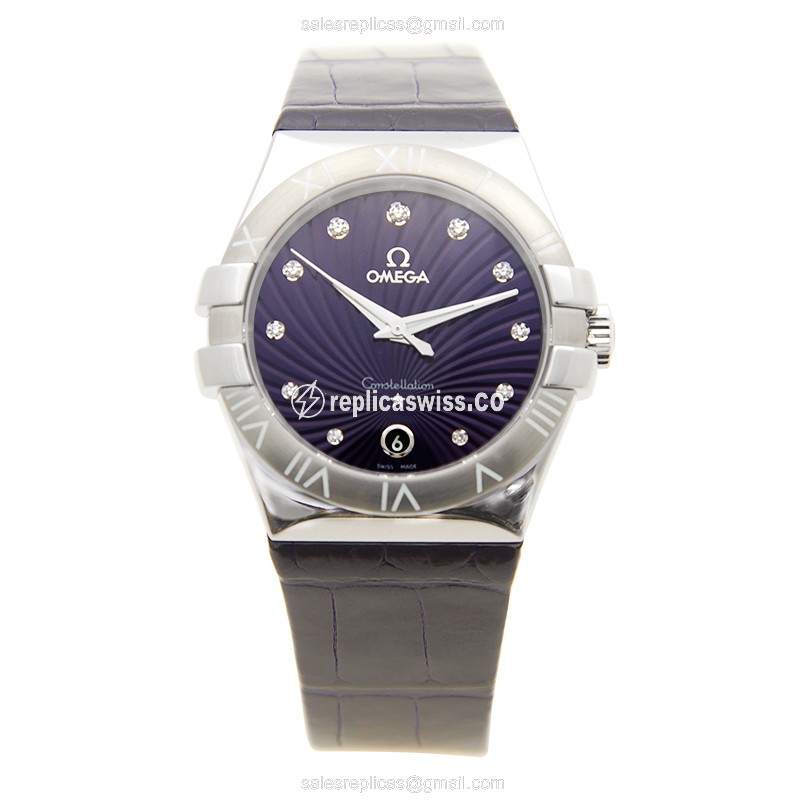 Omega Constellation Quartz - Purple Dial - Leather Strap - Steel Case - Sapphire Crystal - Clasp - View 2