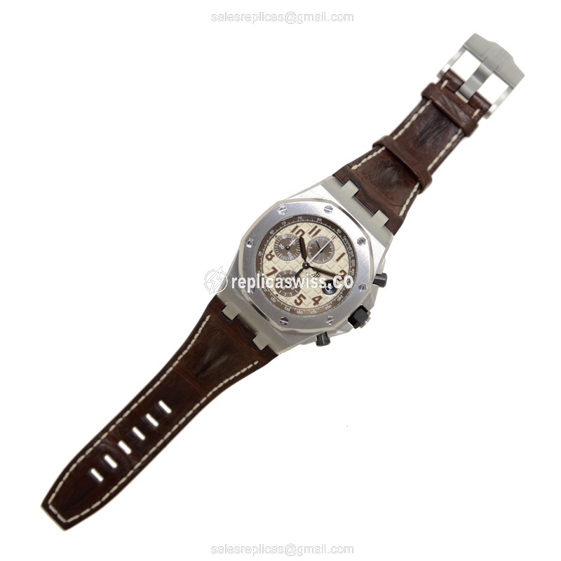 Automatic ROYAL OAK OFFSHORE - Audemars Piguet Replica - White Dial - Brown Alligator Strap - View 2