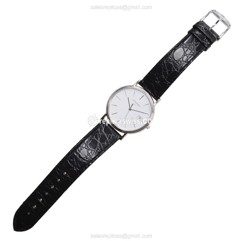 Longines Presence Replica - Quartz - Stainless Steel - White Dial, Black Alligator Strap - View 2