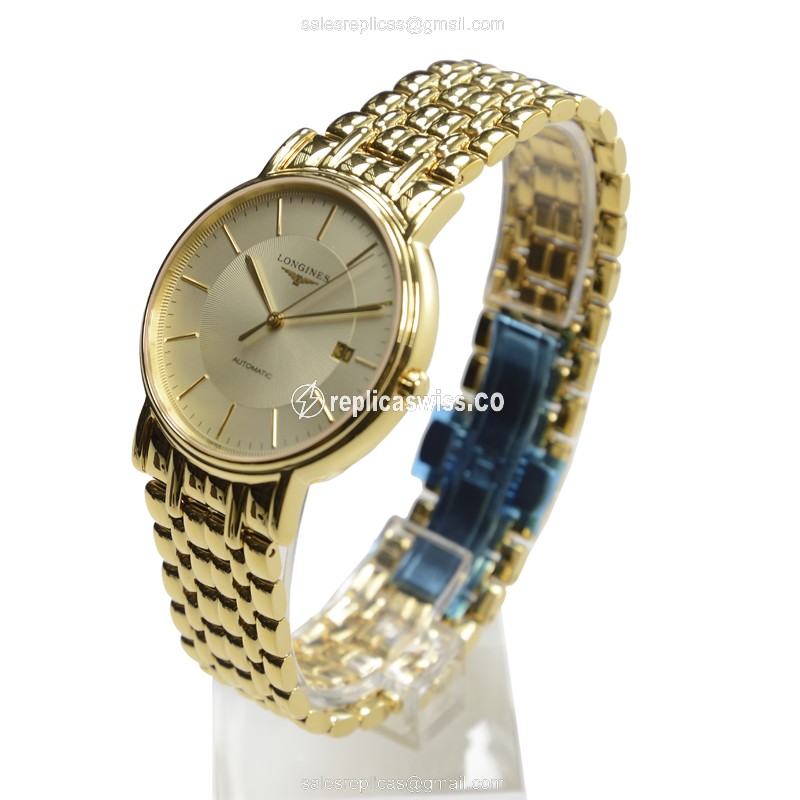 Longines Presence Replica - Automatic PVD Gold - Gold Dial - Gold Strap - Sapphire Crystal - View 3