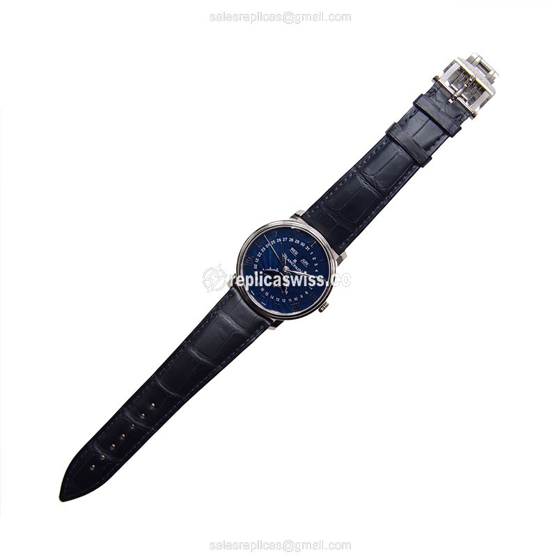 Blancpain VILLERET 6654-1529-55B Replica - Automatic - 18kt Gold - Blue Dial - Blue Alligator Strap - View 2
