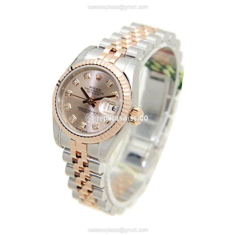 Rolex Datejust Lady Replica - Auto - Pink Dial - 18kt Rose/Steel - Silver Clasp - View 3