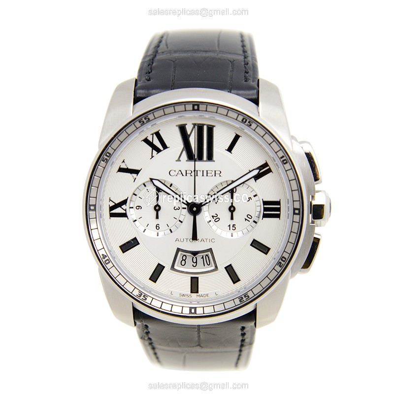 Cartier W7100046 Replica - Caliber De Cartier Automatic - White Dial - Steel Case - Black Alligator Strap - View 2