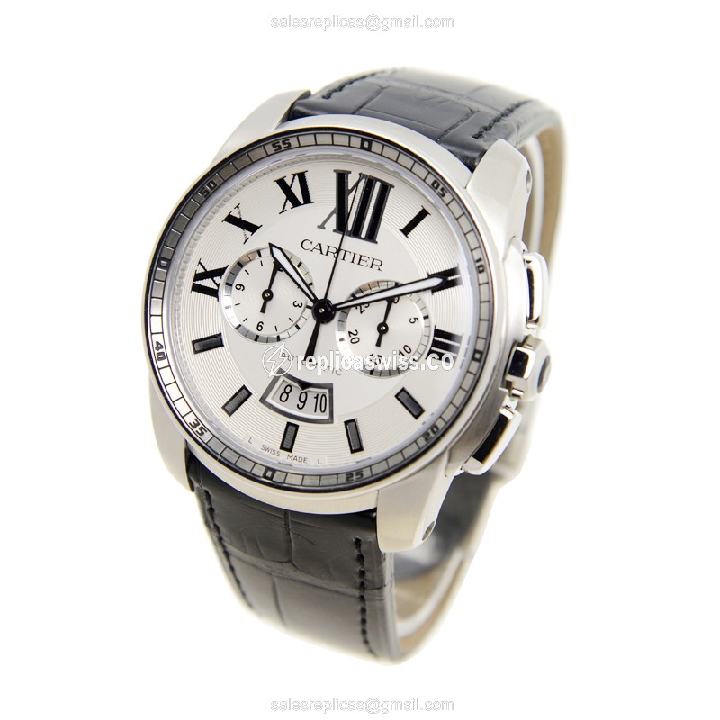 Cartier W7100046 Replica - Caliber De Cartier Automatic - White Dial - Steel Case - Black Alligator Strap - View 3