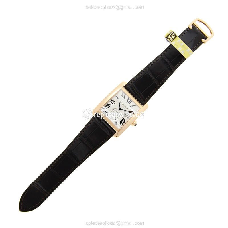 Cartier TANK Replica - Automatic - 18kt Rose Gold - White Dial - Brown Alligator Strap - View 2