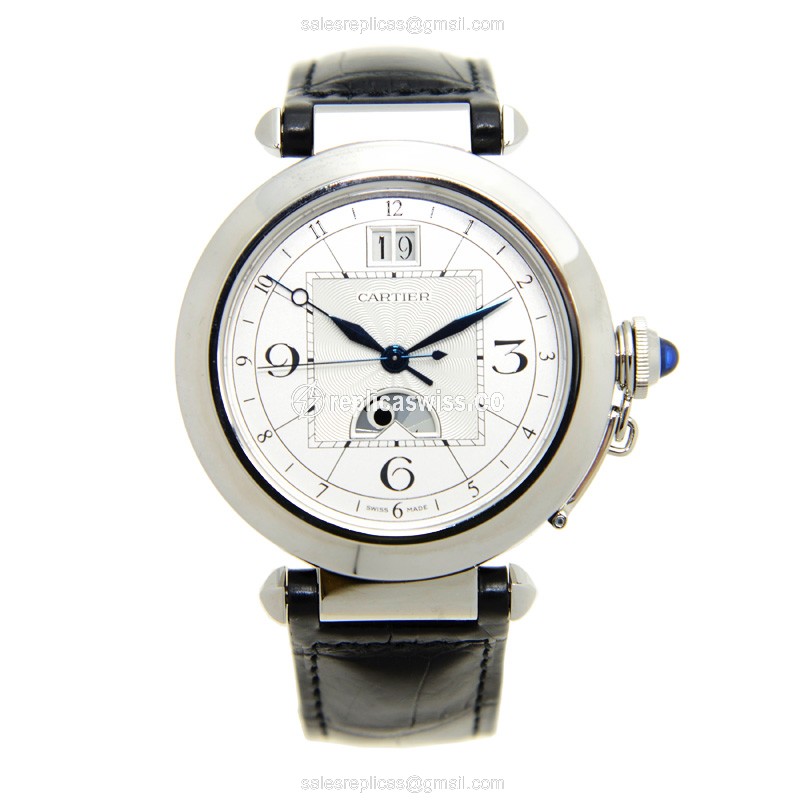 Cartier Pasha Replica - Automatic - Steel - White Dial - Black Alligator Strap - View 2