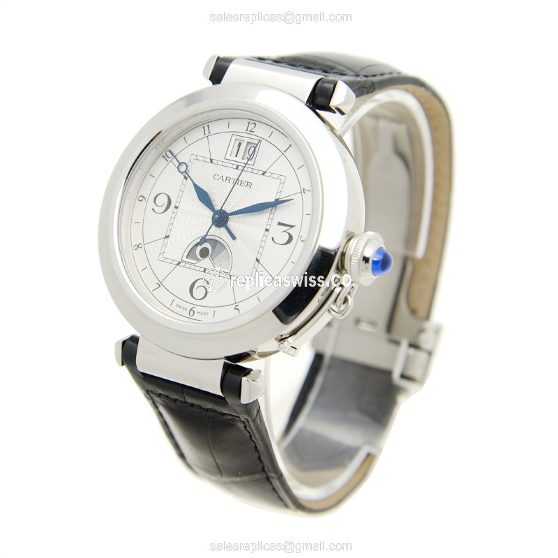 Cartier Pasha Replica - Automatic - Steel - White Dial - Black Alligator Strap - View 3